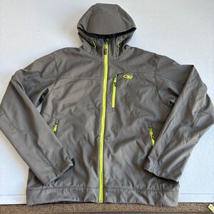 Outdoor Research Transfer Hooded Soft Shell Jacket Mens L Gray Ski Fleece Lined